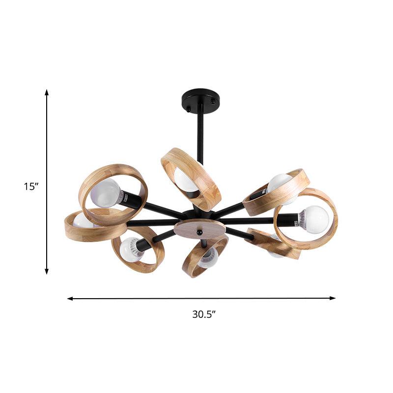 3/6/8 Heads Round Chandelier Light Contemporary Wood Hanging Ceiling Light in Black White - Rebooters