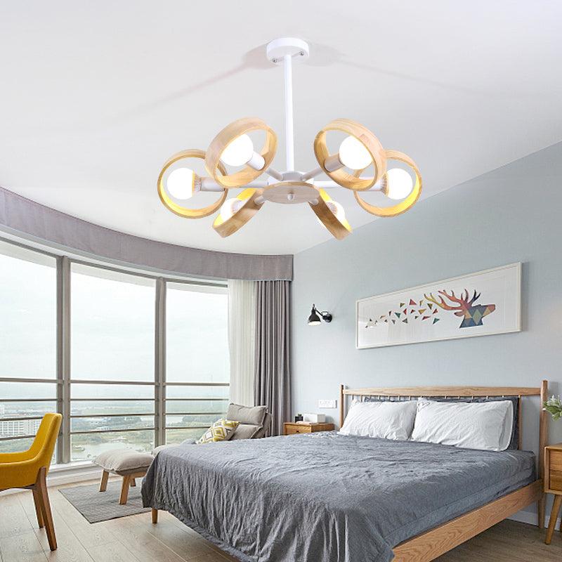 3/6/8 Heads Round Chandelier Light Contemporary Wood Hanging Ceiling Light in Black White - Rebooters