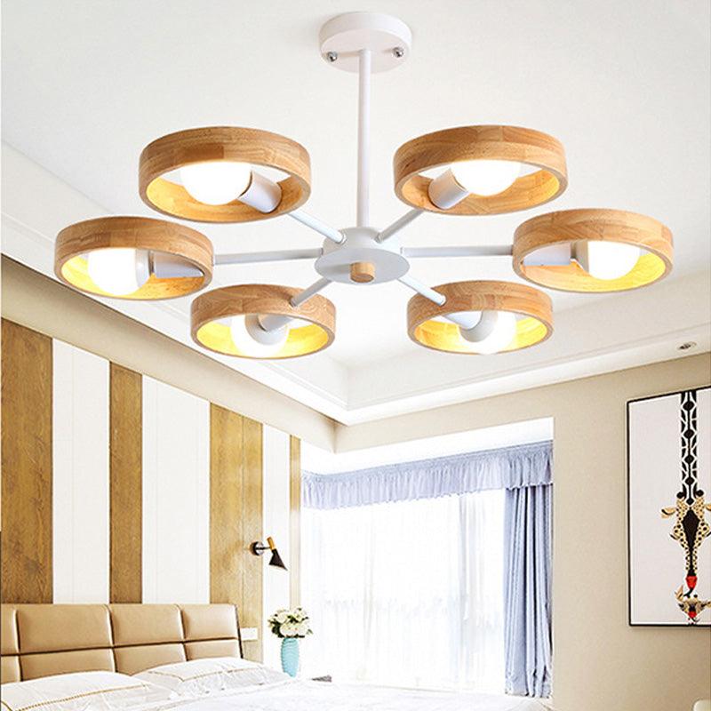 3/6/8 Heads Round Chandelier Light Contemporary Wood Hanging Ceiling Light in Black White - Rebooters