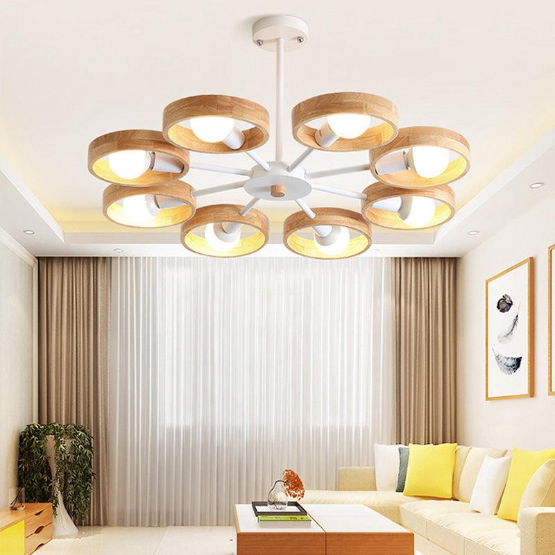 3/6/8 Heads Round Chandelier Light Contemporary Wood Hanging Ceiling Light in Black White - Rebooters