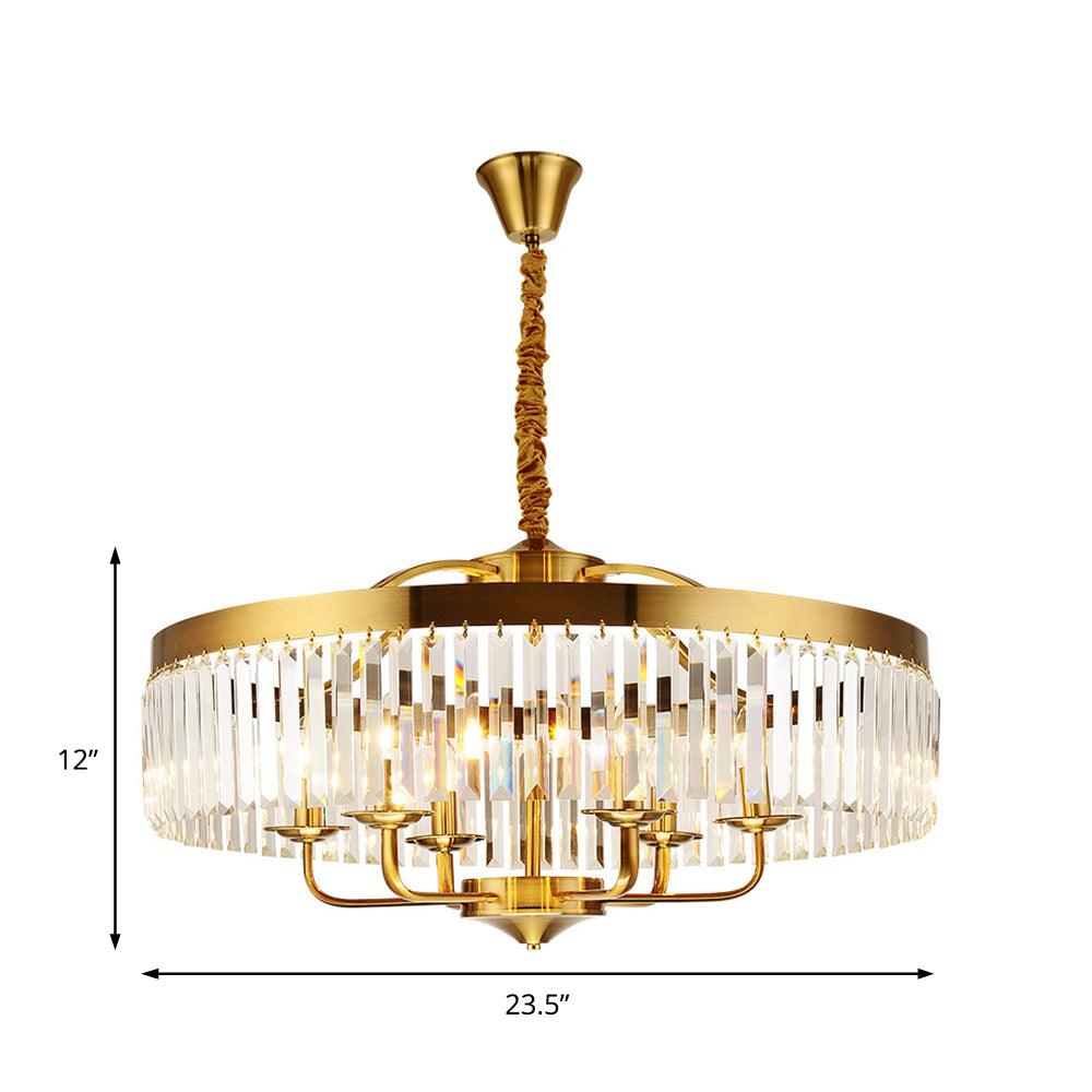 8 Lights Living Room Hanging Ceiling Light with Drum Crystal Block Shade Modern Brass Chandelier - Rebooters