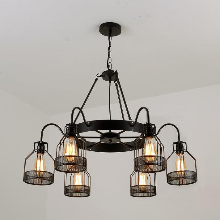 6/8 Lights Chandelier Lighting Retro Style Wire Guard Metal Ceiling Light in Black - Rebooters