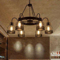 6/8 Lights Chandelier Lighting Retro Style Wire Guard Metal Ceiling Light in Black - Rebooters