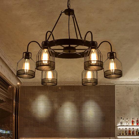 6/8 Lights Chandelier Lighting Retro Style Wire Guard Metal Ceiling Light in Black - Rebooters