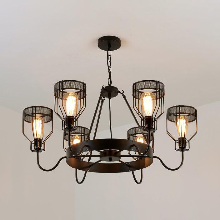 6/8 Lights Chandelier Lighting Retro Style Wire Guard Metal Ceiling Light in Black - Rebooters