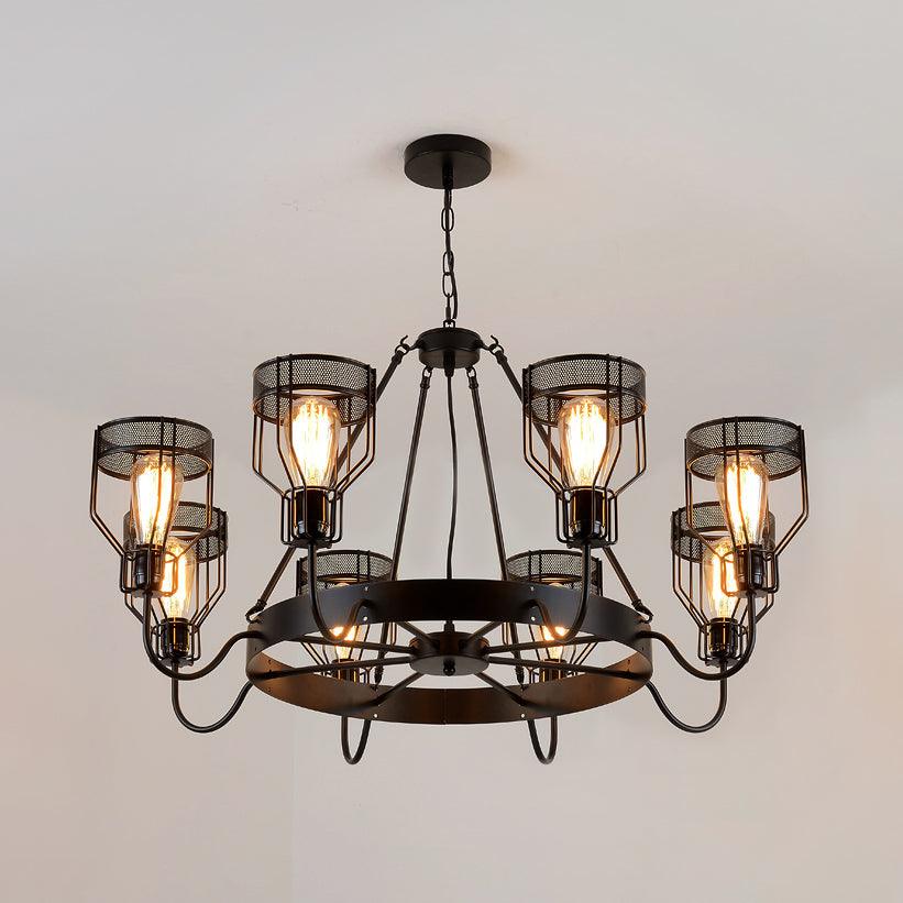 6/8 Lights Chandelier Lighting Retro Style Wire Guard Metal Ceiling Light in Black - Rebooters