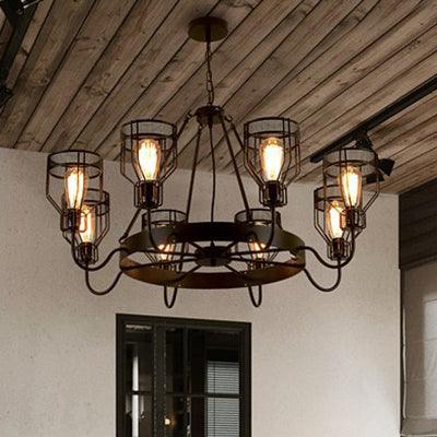6/8 Lights Chandelier Lighting Retro Style Wire Guard Metal Ceiling Light in Black - Rebooters