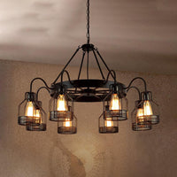 6/8 Lights Chandelier Lighting Retro Style Wire Guard Metal Ceiling Light in Black - Rebooters
