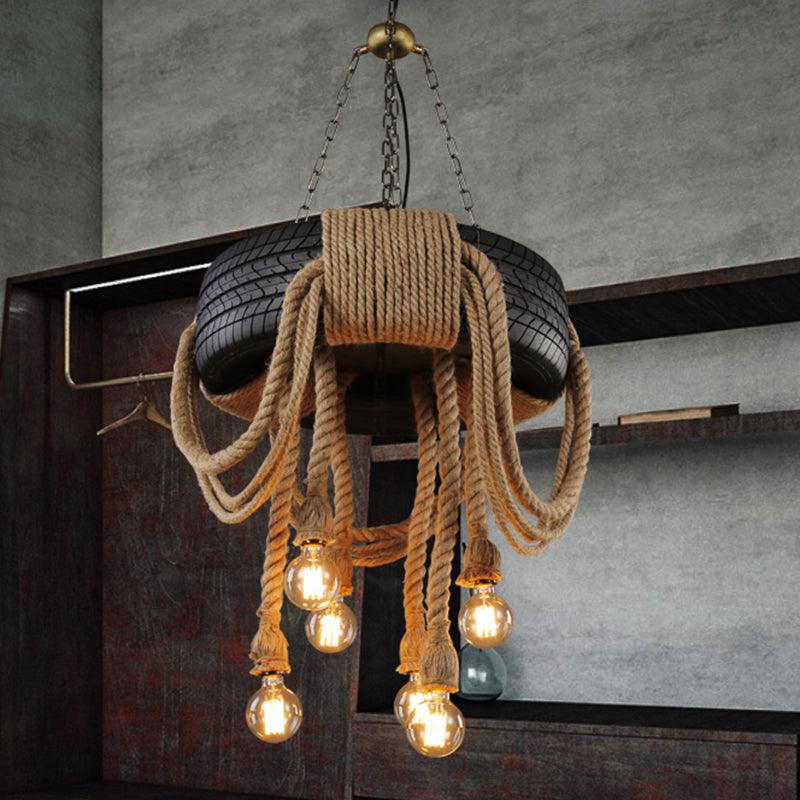 Antique Tyre Ceiling Lighting 6 Heads Hemp Rope Chandelier - Rebooters