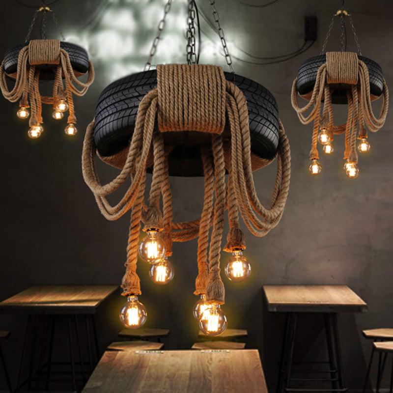 Antique Tyre Ceiling Lighting 6 Heads Hemp Rope Chandelier - Rebooters