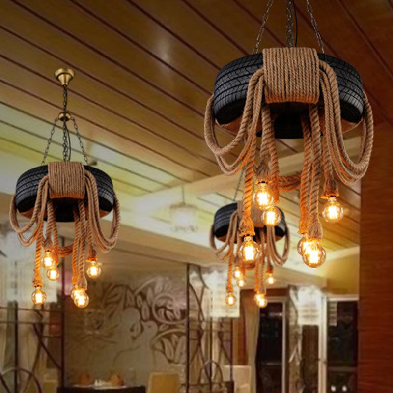 Antique Tyre Ceiling Lighting 6 Heads Hemp Rope Chandelier - Rebooters