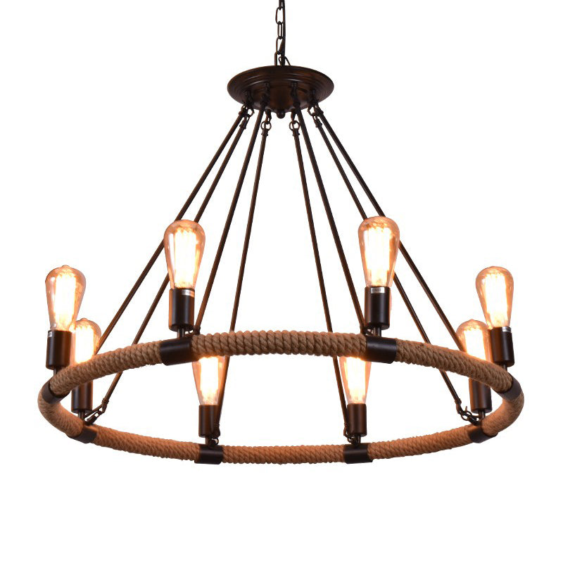 Wrapped Ring Hemp Rope Chandelier Pendant Light Vintage Flaxen - Rebooters