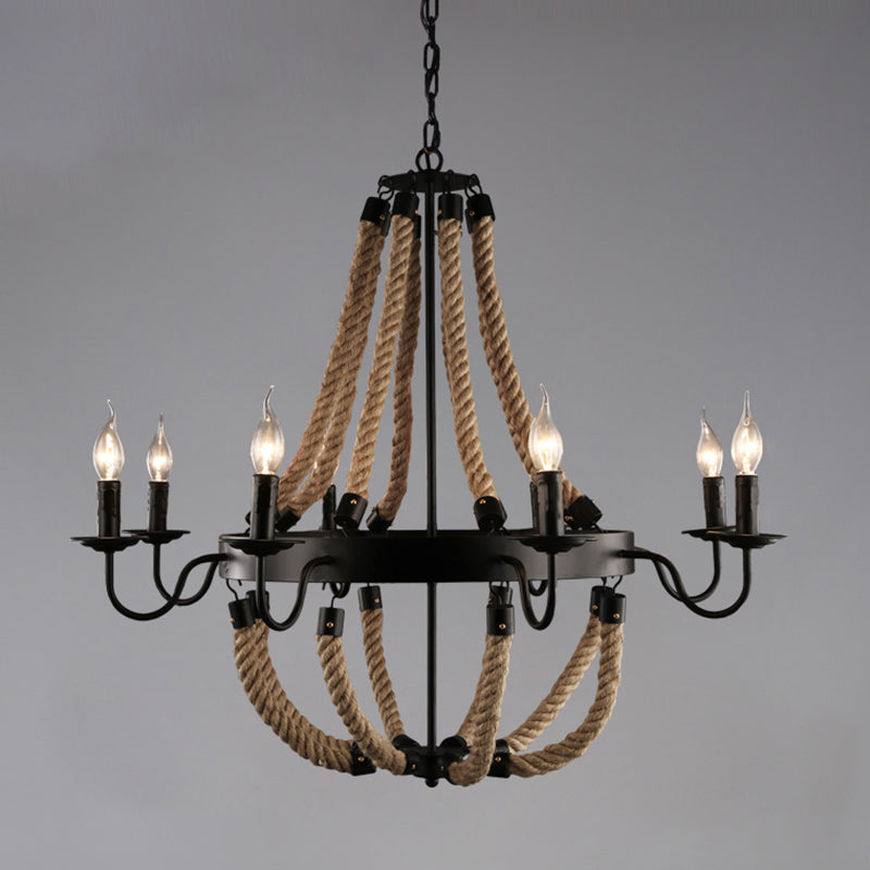 Circle Iron Ceiling Lighting Industrial Restaurant Chandelier Light Fixture with Hemp Rope in Black - Rebooters