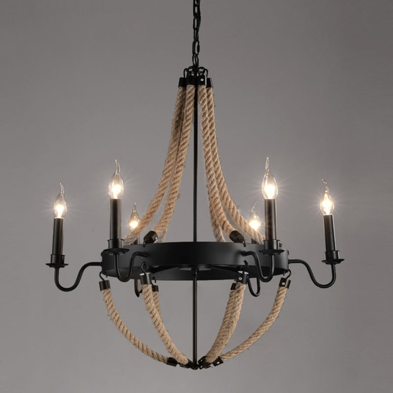 Circle Iron Ceiling Lighting Industrial Restaurant Chandelier Light Fixture with Hemp Rope in Black - Rebooters