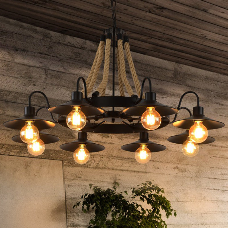 Circle Iron Ceiling Lighting Industrial Restaurant Chandelier Light Fixture with Hemp Rope in Black - Rebooters