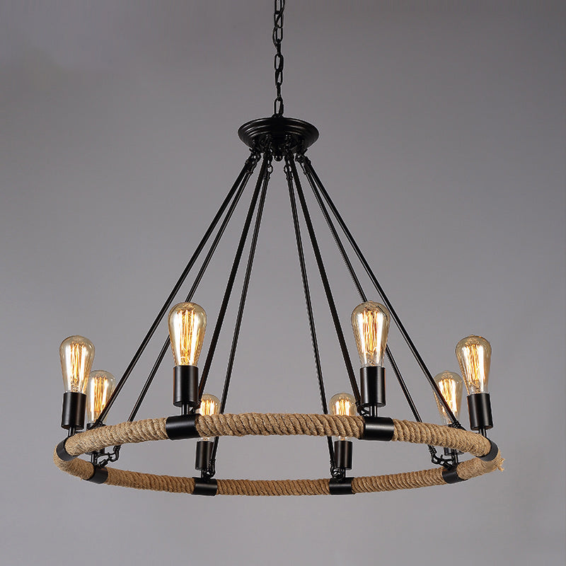 Circle Iron Ceiling Lighting Industrial Restaurant Chandelier Light Fixture with Hemp Rope in Black - Rebooters