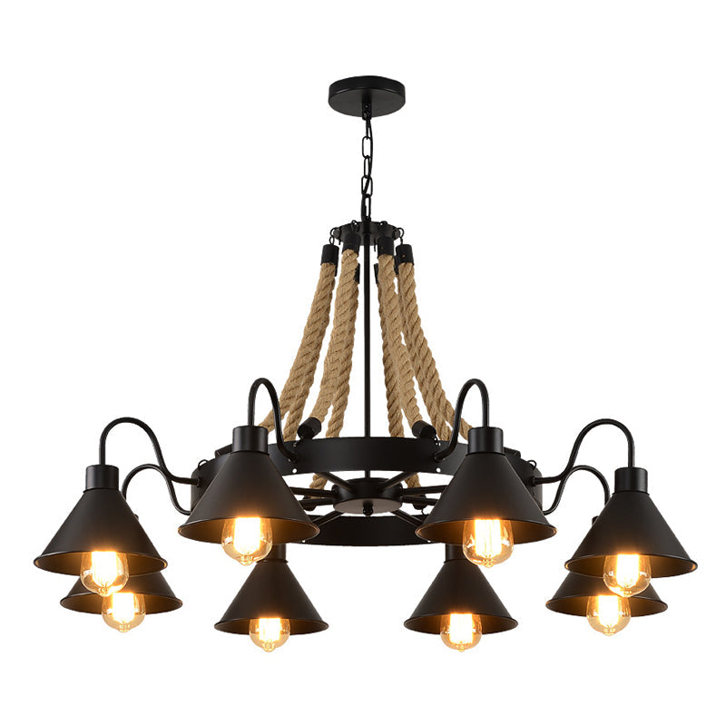 Circle Iron Ceiling Lighting Industrial Restaurant Chandelier Light Fixture with Hemp Rope in Black - Rebooters