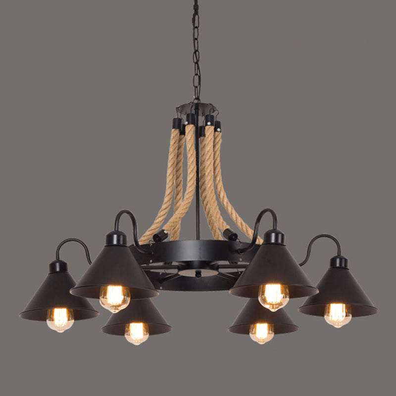 Circle Iron Ceiling Lighting Industrial Restaurant Chandelier Light Fixture with Hemp Rope in Black - Rebooters