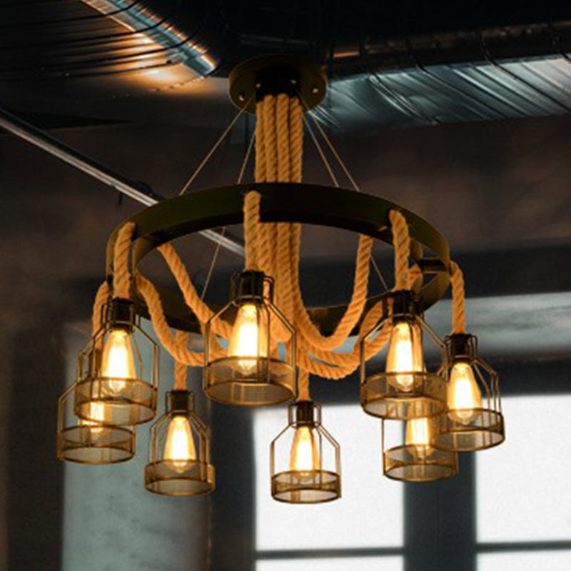 Iron Caged Chandelier Pendant Light Industrial Restaurant Hanging Light with Hemp Rope in Black - Rebooters