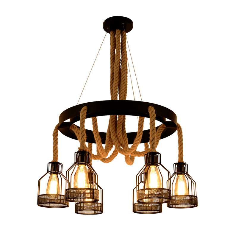 Iron Caged Chandelier Pendant Light Industrial Restaurant Hanging Light with Hemp Rope in Black - Rebooters