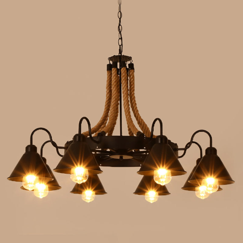 Black Dangling Suspension Light Rustic Style Hemp Rope Chandelier - Rebooters