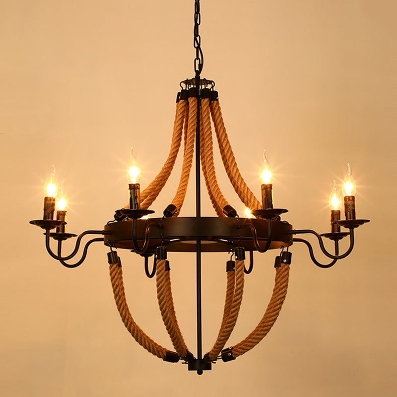 Black Dangling Suspension Light Rustic Style Hemp Rope Chandelier - Rebooters