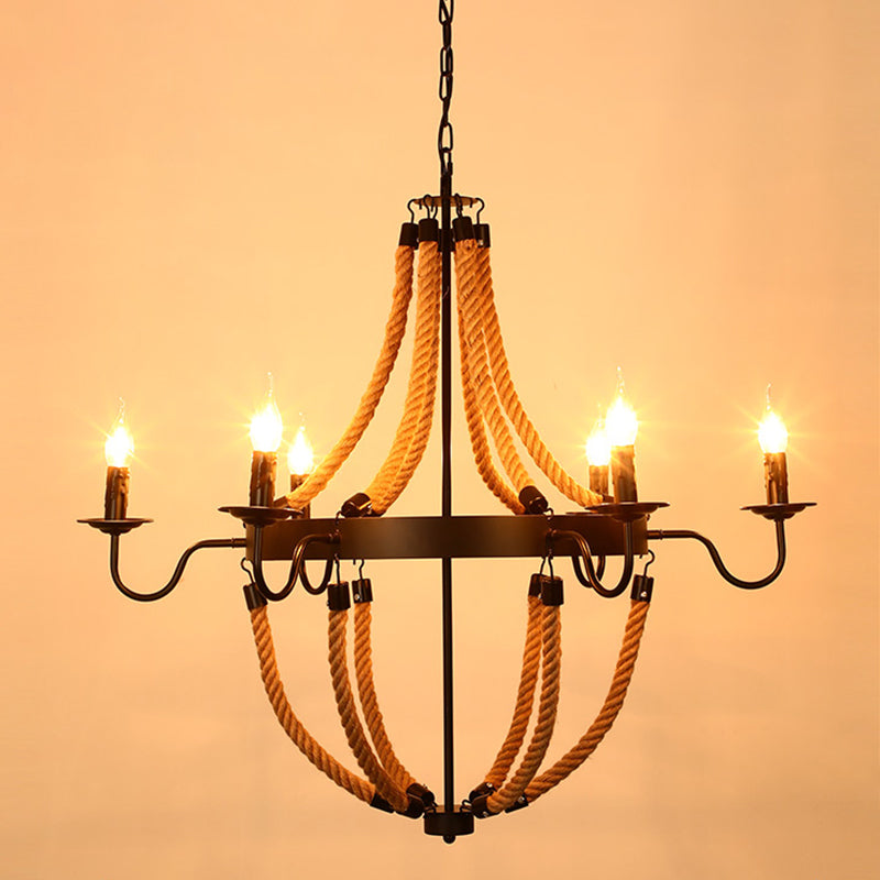 Black Dangling Suspension Light Rustic Style Hemp Rope Chandelier - Rebooters