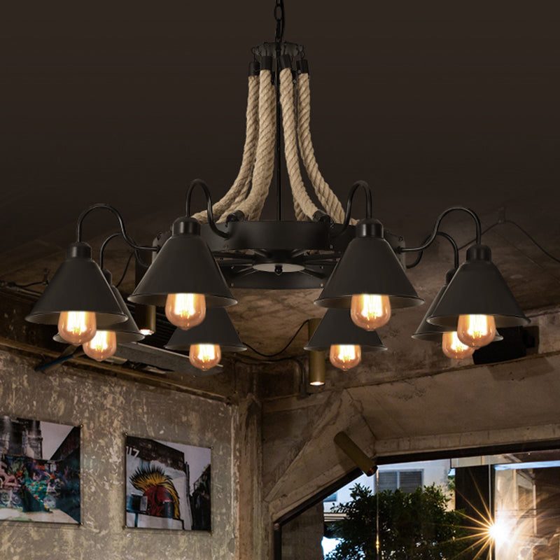 Black Dangling Suspension Light Rustic Style Hemp Rope Chandelier - Rebooters