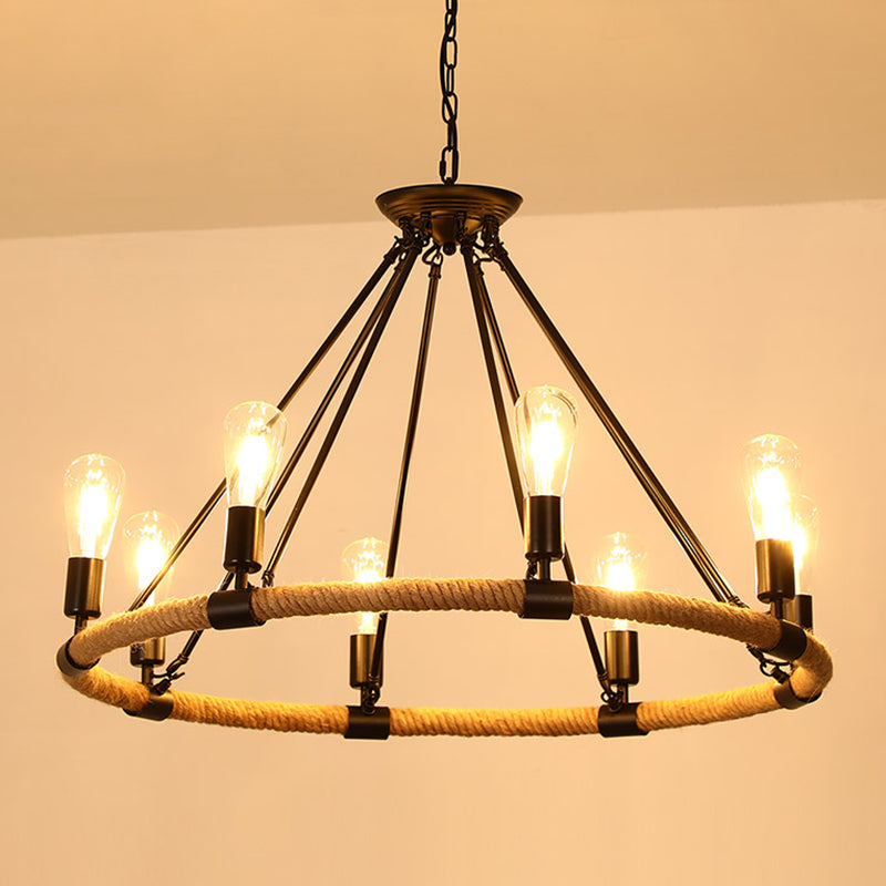 Black Dangling Suspension Light Rustic Style Hemp Rope Chandelier - Rebooters