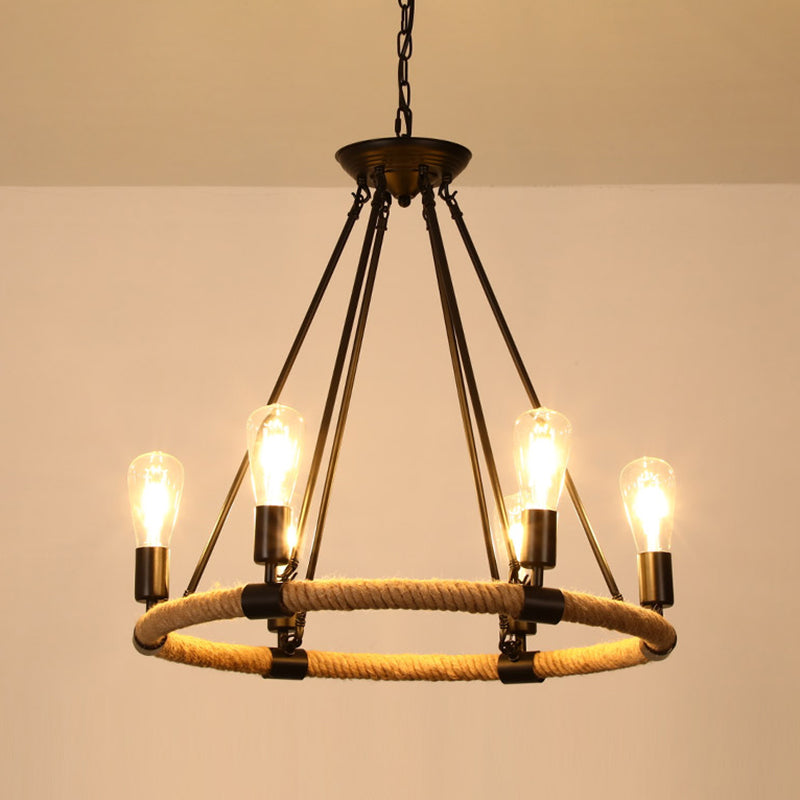 Black Dangling Suspension Light Rustic Style Hemp Rope Chandelier - Rebooters