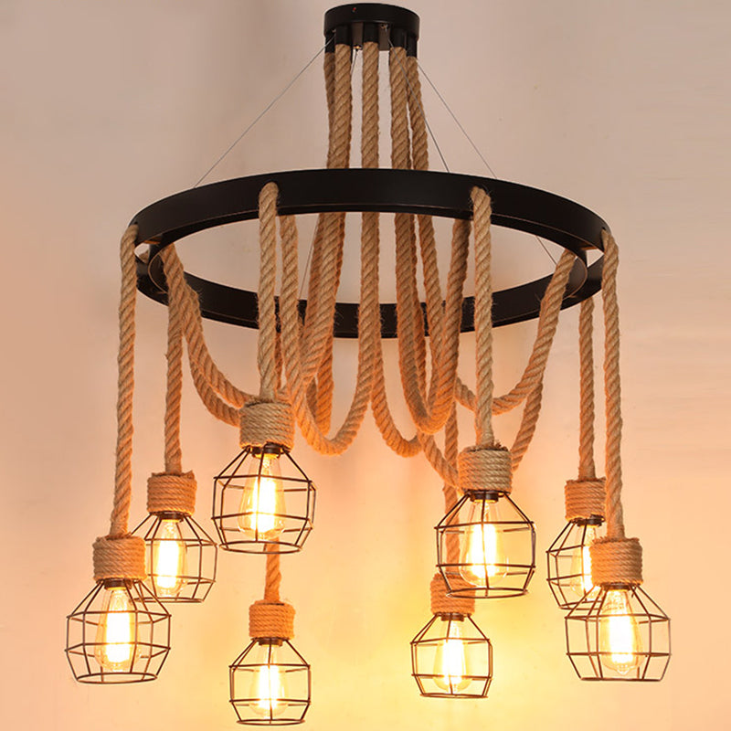 Black Dangling Suspension Light Rustic Style Hemp Rope Chandelier - Rebooters