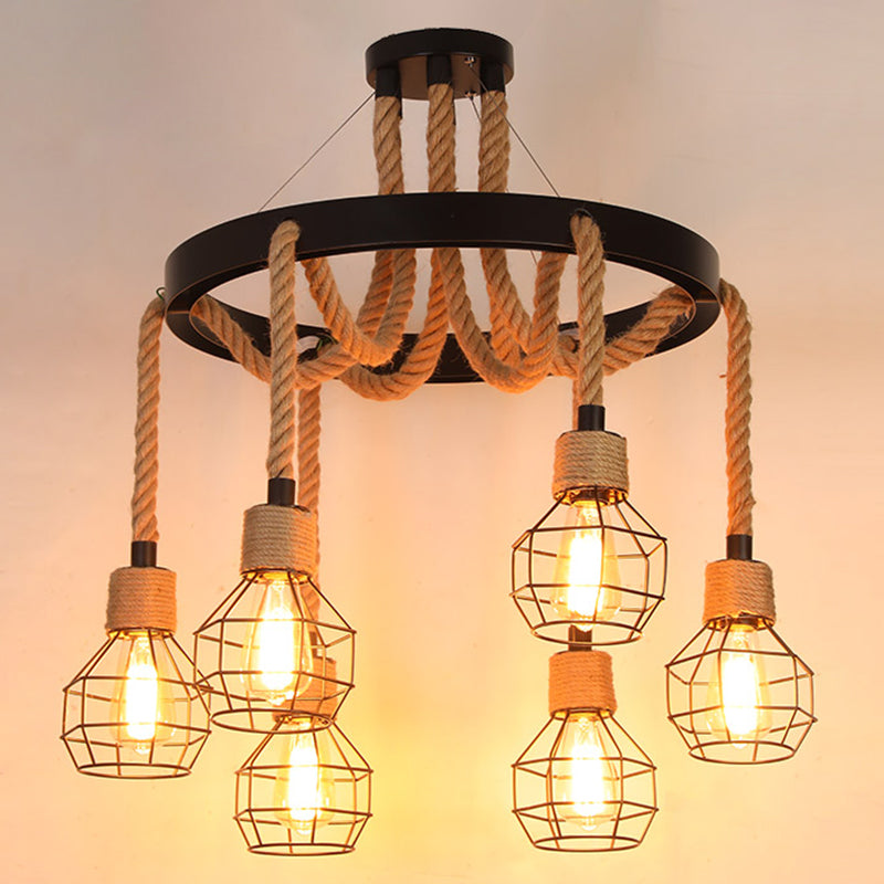 Black Dangling Suspension Light Rustic Style Hemp Rope Chandelier - Rebooters