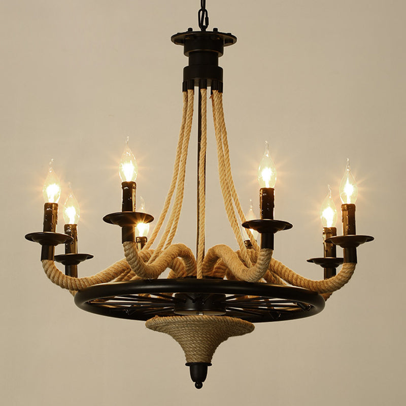 Black Dangling Suspension Light Rustic Style Hemp Rope Chandelier - Rebooters