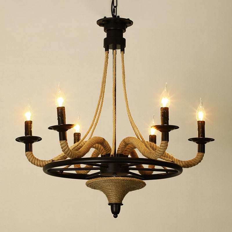 Black Dangling Suspension Light Rustic Style Hemp Rope Chandelier - Rebooters