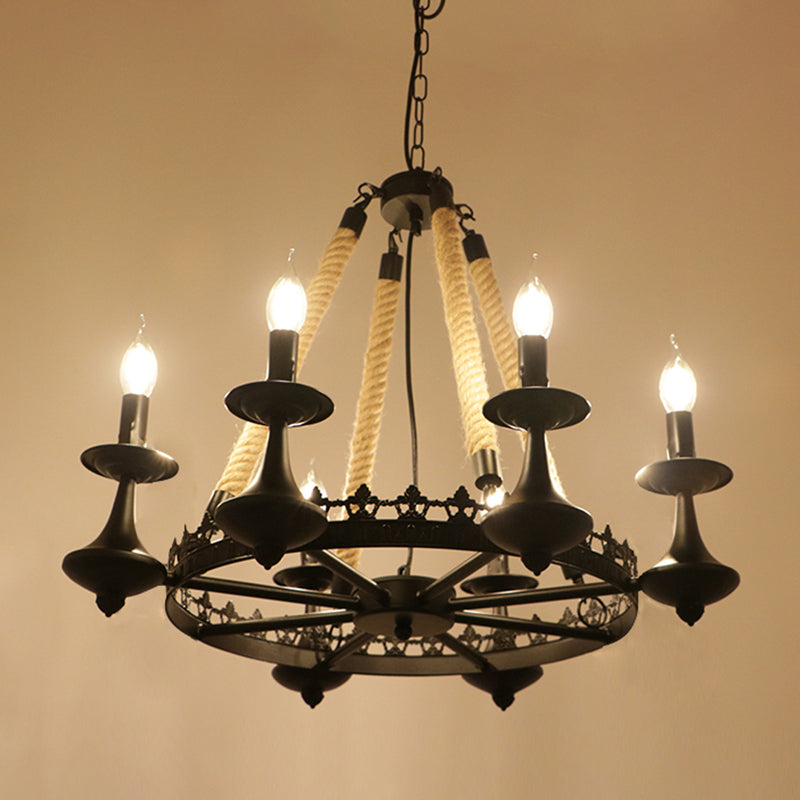 Circular Iron Ceiling Lighting Industrial Restaurant Chandelier Light Fixture with Hemp Rope in Black - Rebooters