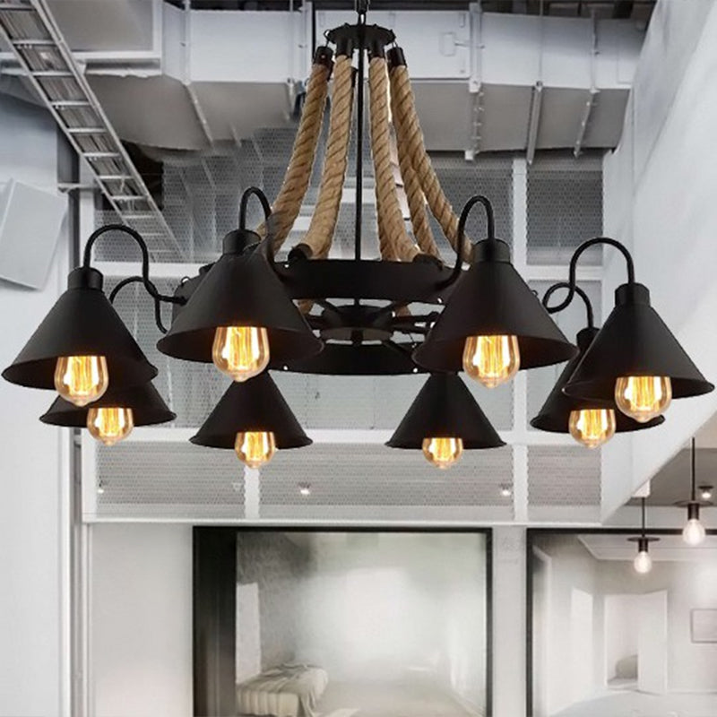 Circular Iron Ceiling Lighting Industrial Restaurant Chandelier Light Fixture with Hemp Rope in Black - Rebooters