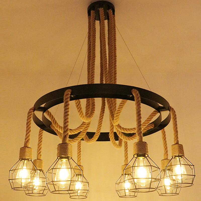 Circular Iron Ceiling Lighting Industrial Restaurant Chandelier Light Fixture with Hemp Rope in Black - Rebooters