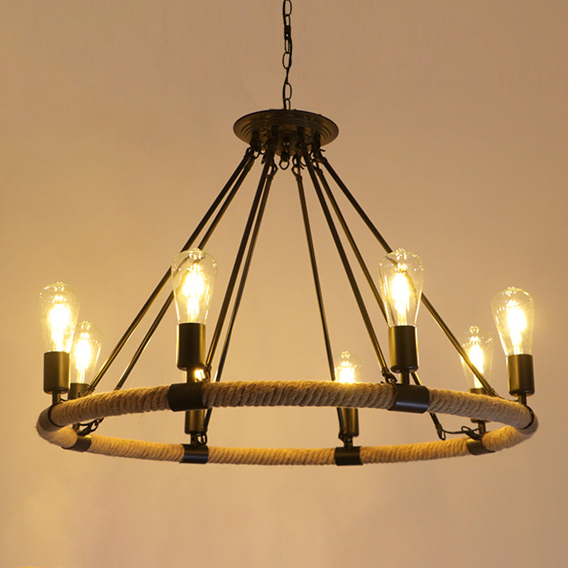 Circular Iron Ceiling Lighting Industrial Restaurant Chandelier Light Fixture with Hemp Rope in Black - Rebooters