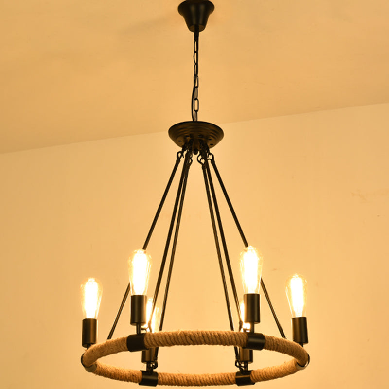 Circular Iron Ceiling Lighting Industrial Restaurant Chandelier Light Fixture with Hemp Rope in Black - Rebooters