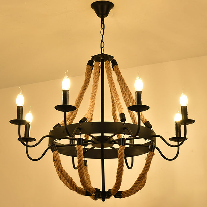 Circular Iron Ceiling Lighting Industrial Restaurant Chandelier Light Fixture with Hemp Rope in Black - Rebooters