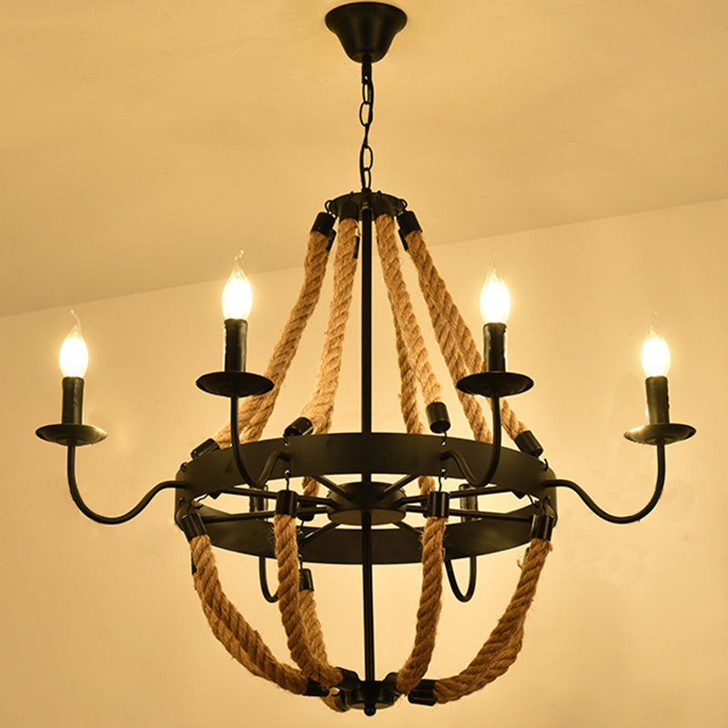 Circular Iron Ceiling Lighting Industrial Restaurant Chandelier Light Fixture with Hemp Rope in Black - Rebooters