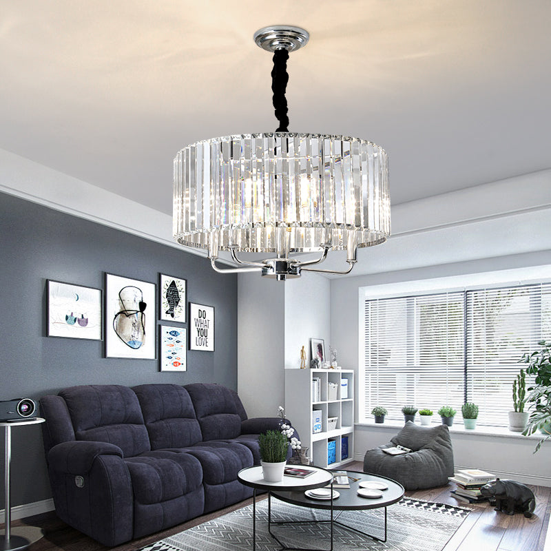 Tri-Sided Glass Rod Drum Ceiling Light Modern 4 Lights Chrome Ceiling Light 23.5 Inch Wide - Rebooters