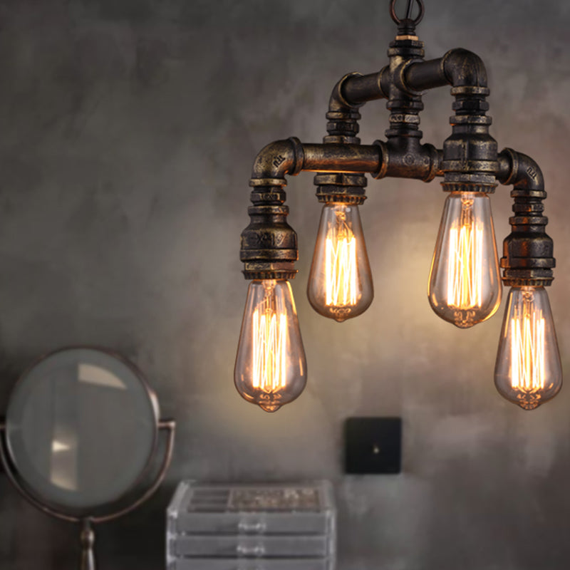 Industrial Plumbing Pipe Chandelier Pendant Light 4 Bulbs Iron Hanging Light in Rust - Rebooters