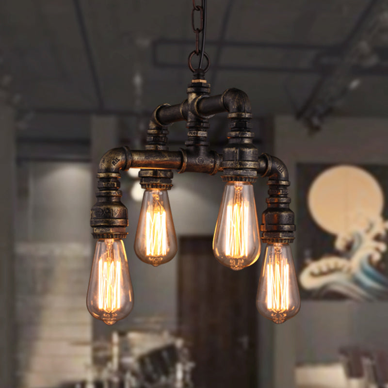 Industrial Plumbing Pipe Chandelier Pendant Light 4 Bulbs Iron Hanging Light in Rust - Rebooters