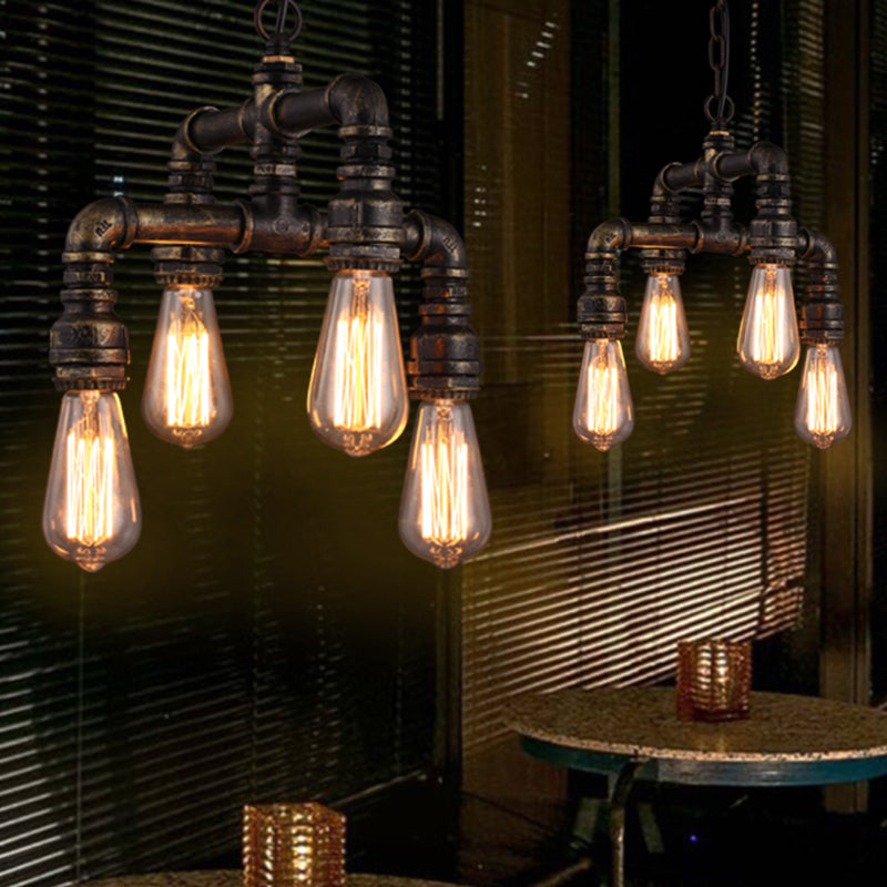 Industrial Plumbing Pipe Chandelier Pendant Light 4 Bulbs Iron Hanging Light in Rust - Rebooters