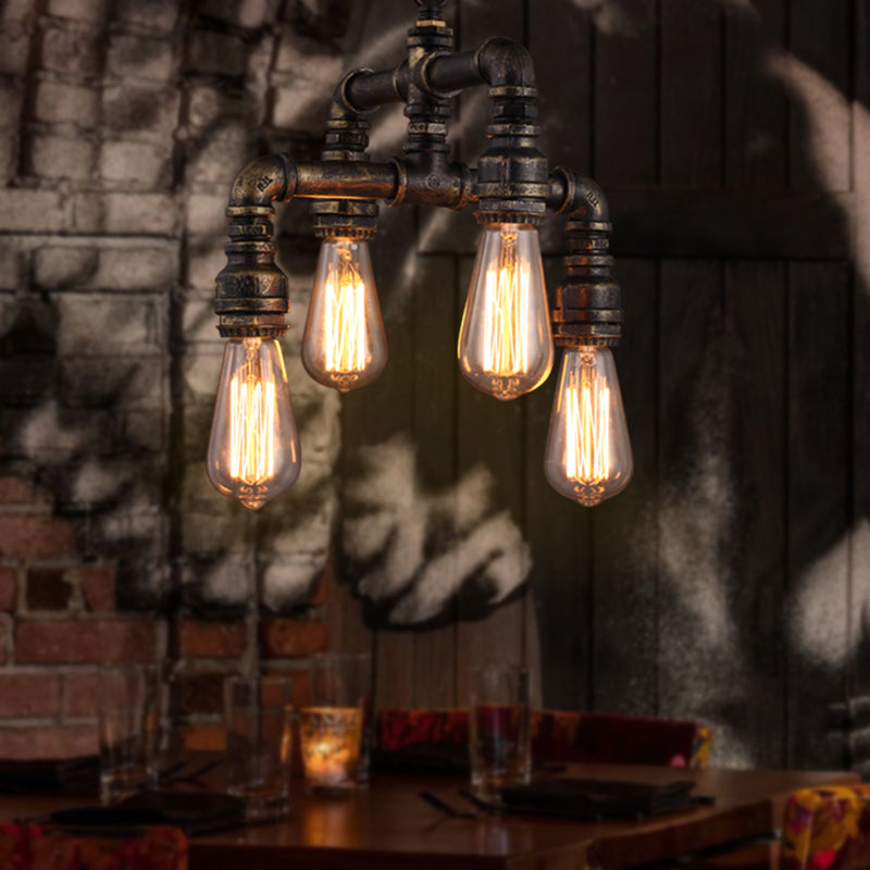 Industrial Plumbing Pipe Chandelier Pendant Light 4 Bulbs Iron Hanging Light in Rust - Rebooters