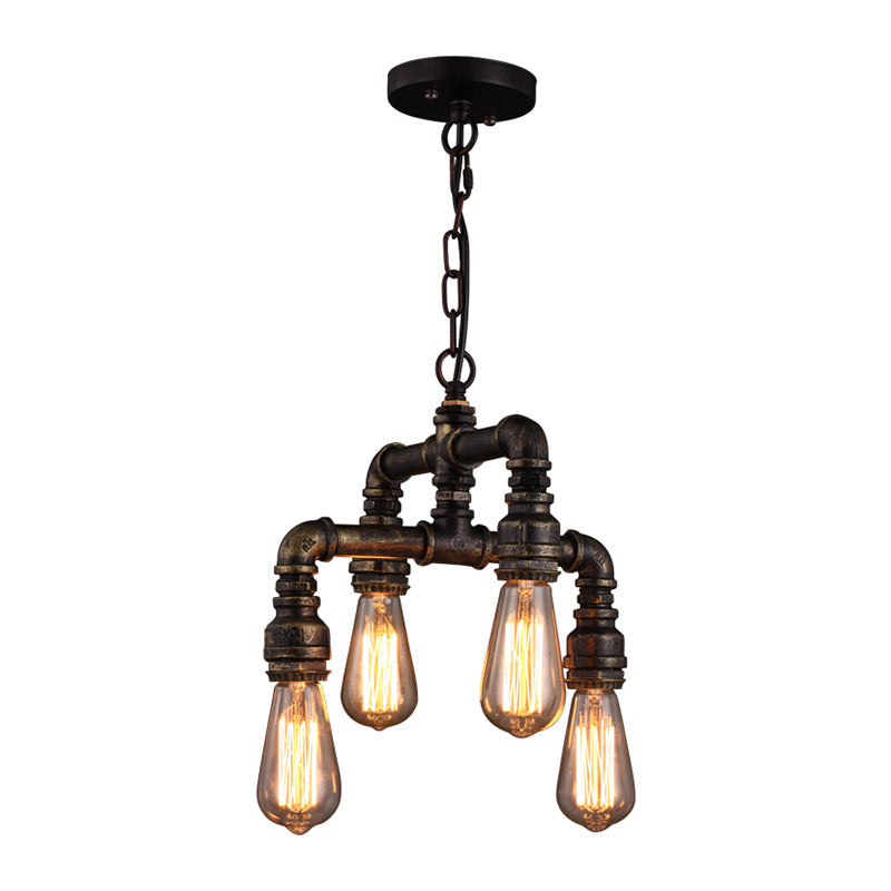 Industrial Plumbing Pipe Chandelier Pendant Light 4 Bulbs Iron Hanging Light in Rust - Rebooters