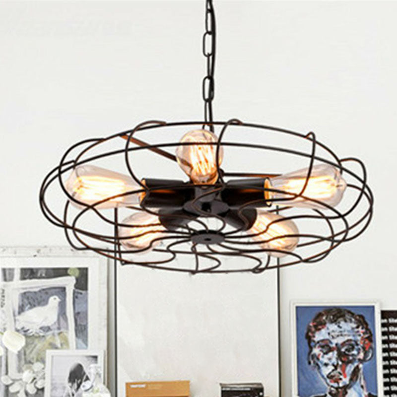 Retro Style Fan Cage Chandelier Pendant Light 5 Heads Iron - Rebooters