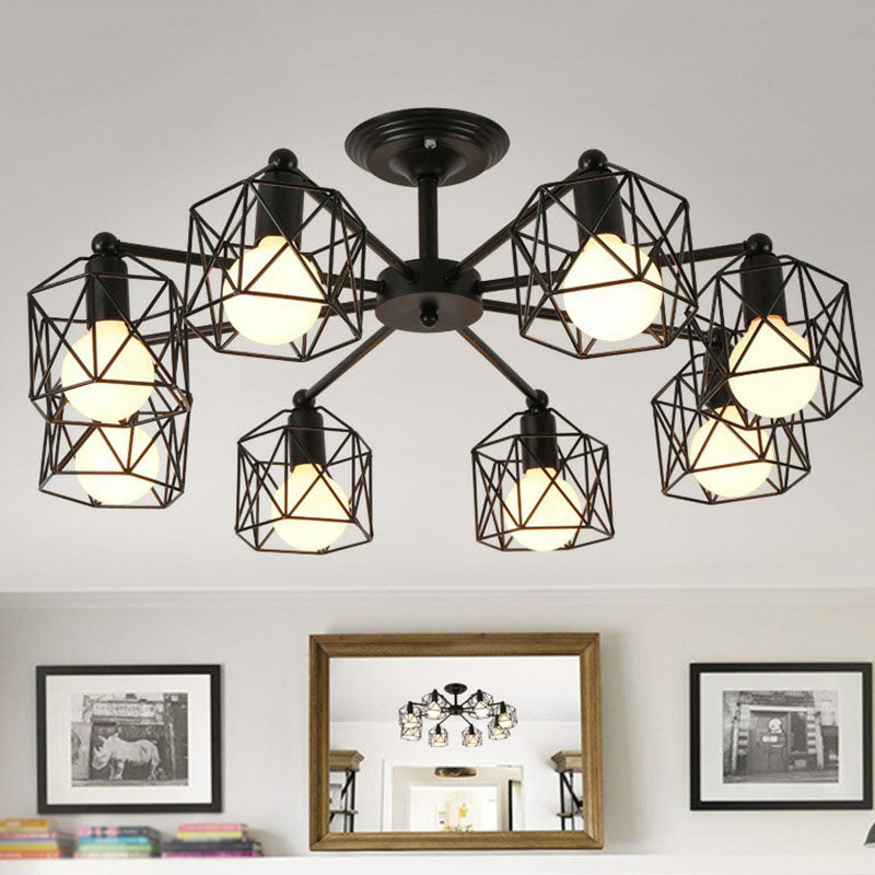 Iron Hexagonal Cage Suspension Light Simplicity Clothes Shop Chandelier Light in Black - Rebooters