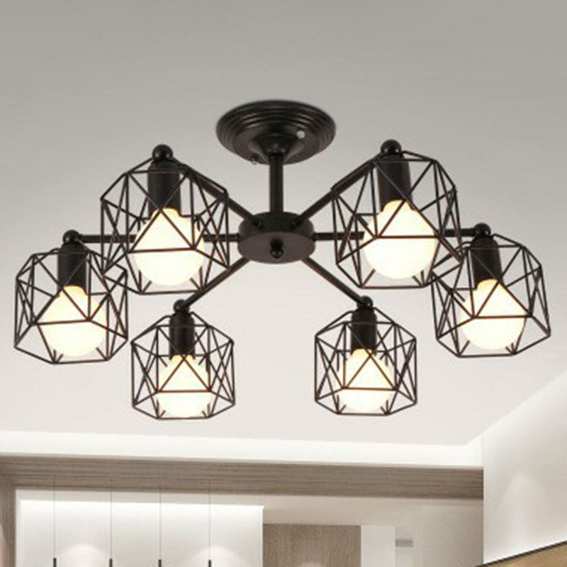 Iron Hexagonal Cage Suspension Light Simplicity Clothes Shop Chandelier Light in Black - Rebooters